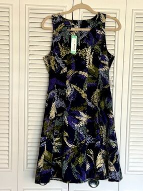 Adorne Champlain Cotton Dress | Navy Leaf Print | Size 8 | NWT